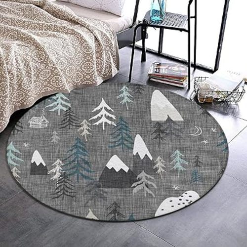 SWEET TANG Soft Round Area Rug Play Mat Circle Floor Mat Carpet Mat for Bedroom Living Room Nursery Decor, 5ft Diameter, Mountain Trees Grey Pattern, Diameter 60 Inch
