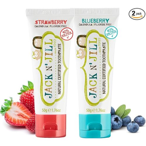Jack N' Jill Natural Toothpaste for Kids - Fluoride Free Toothpaste, 40% Xylitol, BPA Free - Strawberry & Blueberry, 1.76 oz (2 Pack)