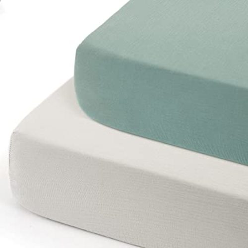 GRSSDER Soft Muslin Crib Sheet 2 Pack, 100% Cotton Crib Sheets for Boys and Girls, Fit Standard Crib Mattresses 52" x 28" Safe and Snug, Light Gray/Roman Green