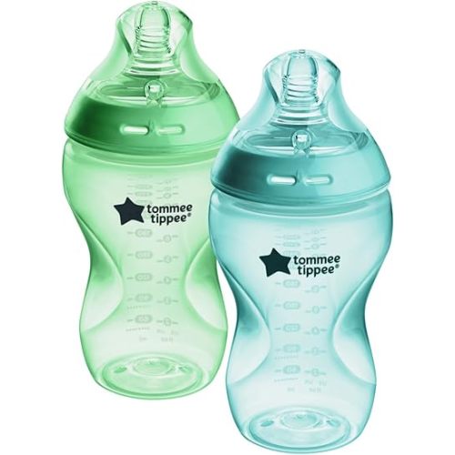 Tommee Tippee Natural Start Baby Bottle, 11oz, Thicker Feed, Breast-Like Nipple for Babies 6 Months+, Fiesta Colorful Bottles, Green and Teal, 2 Count