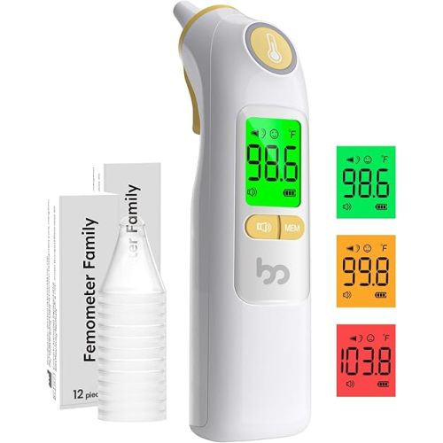 Ear Thermometer, Highly Accurate Ear Thermometer for Kids, Adults and Babies, 30 Memory Recall, 1s Result and 3-Color Fever Alert, with 24 Disposable Probe Covers, Yellow