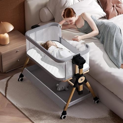 3 in 1 Baby Bassinet,Bedside/Rocking Bassinet for Baby,Bedside Crib with lockable Wheels,Waterproof Mattress,Adjustable 6 Heights,Portable Bassinets Bedside Sleeper for Newborn Infant-Beige