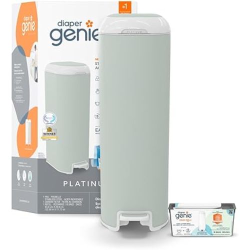 Diaper Genie Platinum Diaper Pail, Sage Green - Made in Durable Stainless Steel and Includes 1 Easy Roll Refill with 18 bags