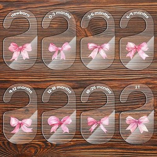 Acrylic Pink Bow Baby Closet Size Dividers Clear Hanging Clothes Dividers Baby Closet Organizers Thicken Baby Wardrobe Organizers for Home Nursery, 6.7 x 3.7 Inch, 8Pcs