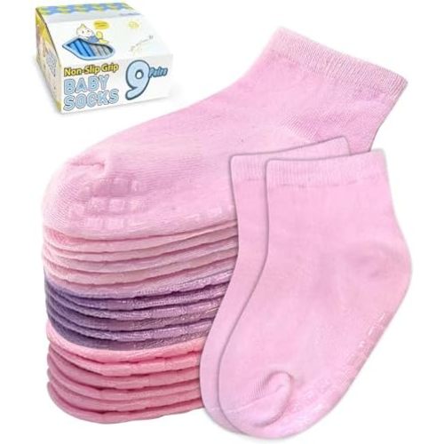 Baby Mid-Crew Socks with Grips (9 Pairs) for 0-7 Years Old Toddler Boy Girl Kids