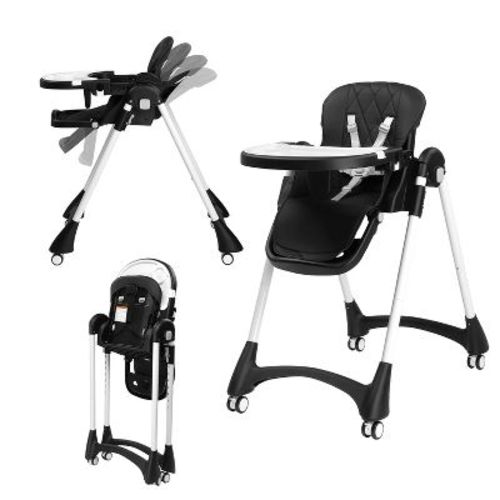 JOYMOR 4 in 1 Folding Baby High Chair for Toddlers, Infant Eating Foldable Highchair w/Leather Seat Cushion, 4-Position Removeable & Adjustable Tray