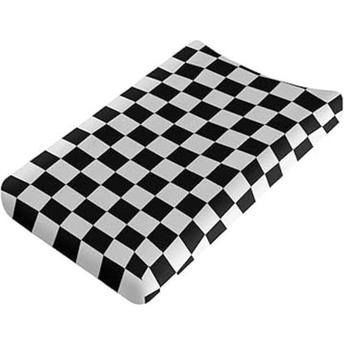 Black and White Checkered Changing Pad Cover for Baby Girls Boys Cartoon Breathable Diaper Change Table Sheet Soft Stretchy Cute Change Table Mat Cover Fit 32x16