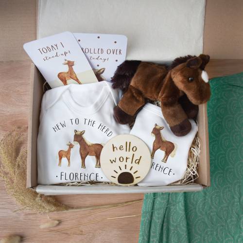 Personalised New To The Herd Horse Baby Gift Set, Newborn Gift Set, Baby Outfit, Farm Baby Gift