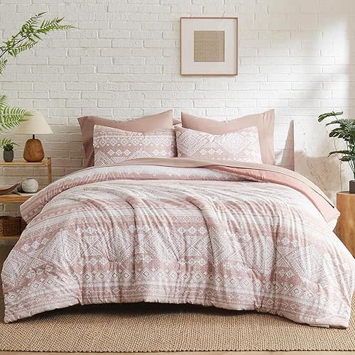 Geniospin Full Comforter Set, Boho Aztec Comforter Set 7 Pieces,Dusty Pink All Season Reversible Bed in A Bag, Soft Microfiber Fill Bedding, Lightweight, Warm and Breathable (Full, 80"x90")