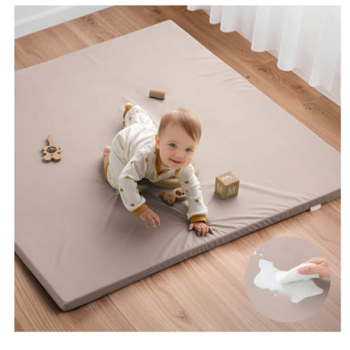 Blissful Diary Vegan Leather Baby Play Mat, 50x50 Thicken Foam Cushioned & Waterproof Playpen Mat for Infants and Toddlers, Stylish and Just Wipe-Clean Playmat for Baby Play on Floor, Taupe