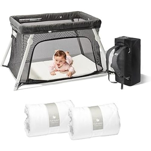 Guava Lotus Travel Crib Bundle with Two Quilted Sheets & Mattress | Play Yard with Lightweight Backpack Design | Certified Baby Safe Portable Crib | Folding Portable Playpen for Babies & Toddlers