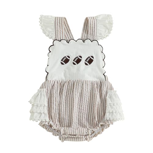 Newborn Baby Girl Football Outfit Football Embroidery Striped Bubble Romper Sleeveless Onesie Ruffle Bodysuit Overalls