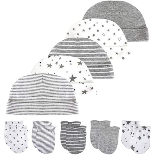 Newborn Baby Boy Baby Girl Hats 0-6 Months Unisex Organic Cotton Caps and Mittens Set 10-Piece, Grey1