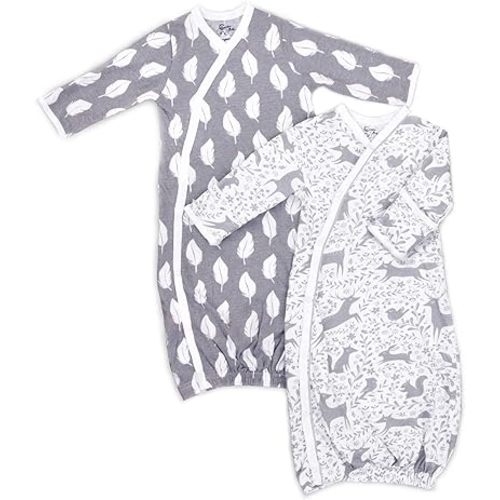 Cambria Baby 100% Organic Kimono Gowns. Side Snaps with Built in Mitts. (0-6 Months, Feathers and Forest Animals)