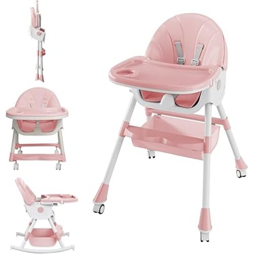 High Chairs for Babies and Toddlers, Baby High Chair with Adjustable Backrest/Dinner Plate, Foldable High Chair with 4 Wheels, Toddler High Chair with Double Removable Tray, Bearing 50KG (Pink)