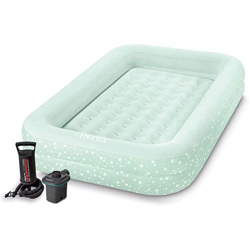 Intex Kids Travel Air Mattress Inflatable Bed Set with Raised Sides and 120V Electric Quick Fill Air Pump with 3 Interconnected Nozzles