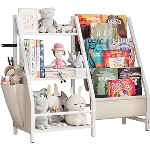 KIDINIX Kids Bookshelf,3-Tier Bookcase and Montessori Toy Organizer, Linen Hanging Bookshelf for Kids Rooms, Nursery, Playroom,Bookshelf & Storage for Toddler Story Book, Plush Toy Storage,White