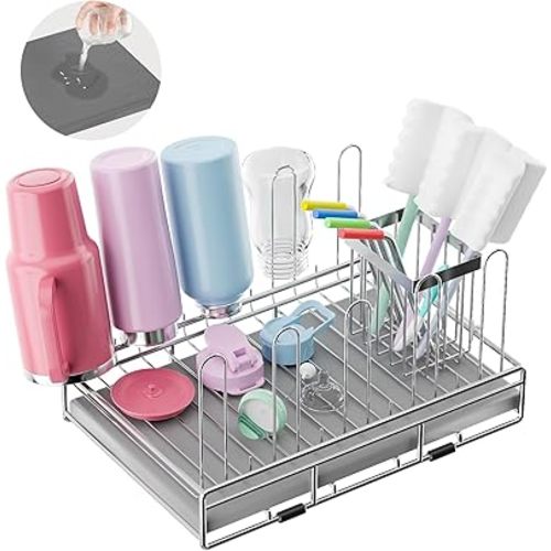 Baby Bottle Drying Rack Organizer Stainless Steel Large Countertop Glass Water Bottle Dryer Holder with Diatomite Stone Quick Dry Easy Clean and Brush Holder