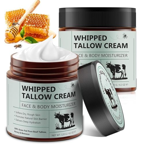 Beef Tallow for Skin, 2PCS Tallow and Honey Balm, Beef Tallow for Face, Organic Grass Fed Whipped Beef Tallow with Honey Beeswax, Deeply Moisturizing for Face Body, Unscented Fast Absorption, 4.2 Oz