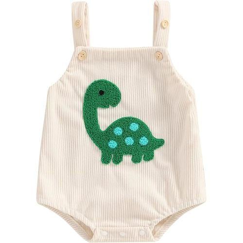 Tsnbre Newborn Baby Boy Girl Summer Outfits Corduroy Romper Farm Chicken Baby Overalls 0 3 6 9 12 Months Infant Clothes (Dinosaur Embroidery Ivory, 6-9 Months)