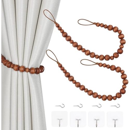 OCIOLI 2 Pieces Curtain Tieback Wood Bead Curtain Tiebacks Curtain Holdbacks for Wall Curtain Ties Window Treatment Curtain Tie Backs with Hooks Curtain Pull Backs (Coffee,2)