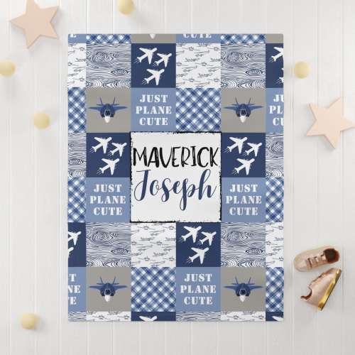 Just Plane Cute Baby Blanket - Customizable, Fighter Jet Baby Blanket, Blue and White Airplane Baby Blanket, Baby Shower Gift, New Baby Boy