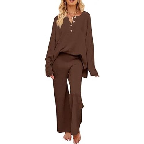 MEROKEETY Women's 2 Piece Outfit Sets Long Sleeve Button Knit Pullover Sweater and Pants Lounge Sets