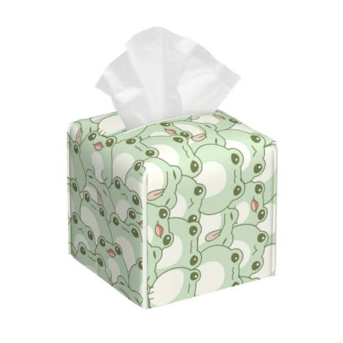 Rateoe Cute Frog Pattern Tissue Box Cover, Modern Square Decorative Leather Facial Paper Case Organizer Holder Dispenser 5X5X5''
