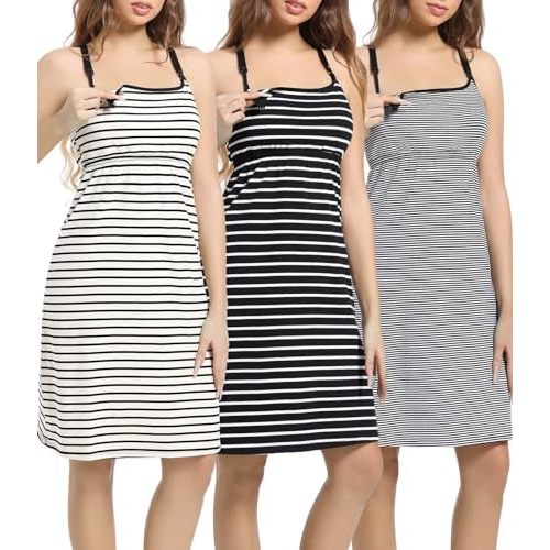 SUIEK 3-Pack Maternity Nursing Nightgown Cotton Breastfeeding Dress Pregnancy Tank Tops Sleepwear