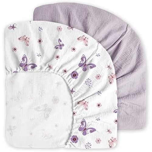 Muslin Crib Sheets, 2pk Neutral Fitted Baby Toddler Bed Sheets for Standard Crib Mattress & Toddler Bed Mattress, 28 x 52 inches, Purple Butterfly