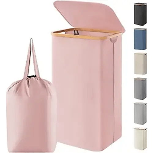 Lifewit 100L Laundry Basket with Lid, Clothes Hampers for Laundry with Bamboo Handles and 1 Removable Bag, Large Foldable Laundry Hamper for Bedroom, Bathroom, Dorm, Laundry Room, Pink