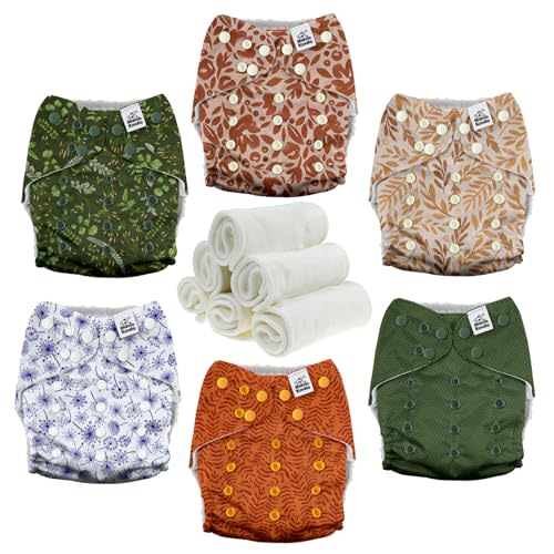 Mama Koala 3.0 Pocket Cloth Diapers for Babies with AWJ Lining, 6 Pack with 6 4-Layer Natural Cloth Diaper Inserts - Reusable and Washable Pocket Diapers(Neutral Leave)