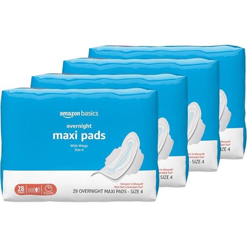 Amazon Basics Thick Maxi Pads with Wings for Periods - Overnight Absorbency, Unscented, Size 4, 112 Count (4 Packs of 28)