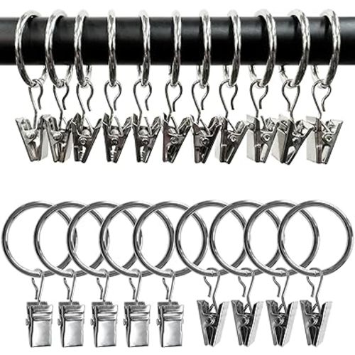 100 Pack Curtain Rings with Clips, Drapery Clips with Rings, Drapes Rings 1.26 in Interior Diameter, Fits up to 1 Inch Curtain Rod, Silver