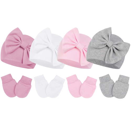 American Trends Newborn Hats and Mittens Baby Beanies for Baby Boys and Girls Soft Infant Hats with Bow White & Pink & Gray & Dark Pink for 0-3 Months