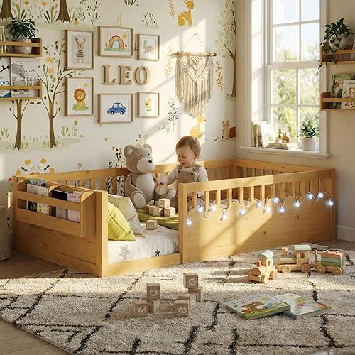 Montessori Floor Bed with High Rails,Twin Size Floor Bed Frame for Kids, LED Lights & Storage Shelf, Safe & Wider Opening Gate Design, Playground & Sleep Space for Girls Boys,Natural