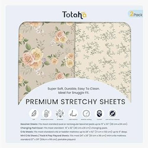 TotAha Crib Sheets for Boy Girl, Premium Soft Fitted Crib Mattress Sheet, Super Stretchy Jersey Knit Baby Bed Sheets, 28x52x9 Extra Deep Pocket, 2 Pack (Vintage Rose & Brunch)