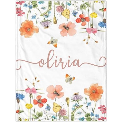 Personalized Baby Blankets with Name Plants Flowers-Customized Floral Baby Blankets for Girls - Personalized Baby Gifts for Newborns and Kids