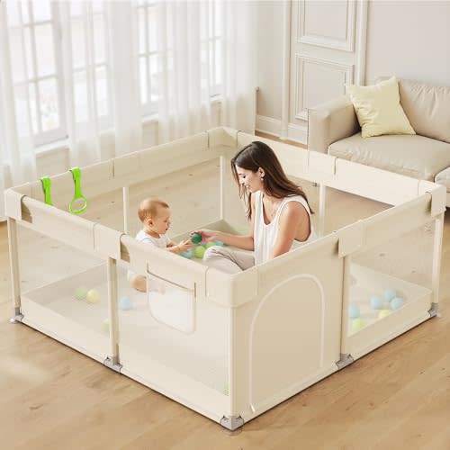 Uanlauo Beige Small Baby Playpen - 47x47in Playpen for Babies and Toddlers, Safe Indoor Play Pen, Baby Pen with Storage Bag and Breathable Mesh