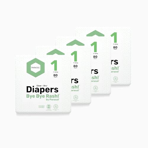 Parasol Clear+Dry Disposable Diapers, RashShield Protection and Leak-Control Fit, Hypoallergenic Diapers, Size 1 (7-14 lbs), 320 Count