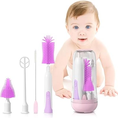 Electric Bottle Brush Cleaner Baby, Silicone Electric Baby Bottle Brush Set with Nipple Brush/Baby Formula Mixer USB Rechargeable & 2 Mode 360° Spinning Cleaner. Essential Feeding Supplies for Moms