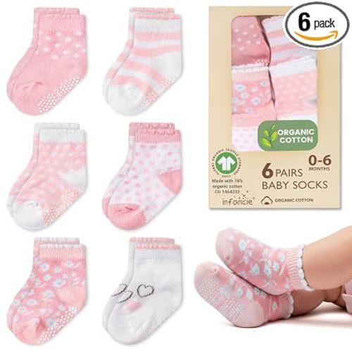 GOTS Certified Organic Cotton Baby Socks 6 Pairs For 0-6 (M) Newborn Girls Soft, Stretchable & Breathable Infant Socks, Cute Little Girls Socks, Baby Registry Essential, Pink