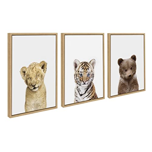 Amy Peterson Art Studio Sleepy Lion, Baby Tiger and Bear Framed Canvas Art Set, 3 Piece 18x24 Natural, Baby Animal Wall Art Decor Set