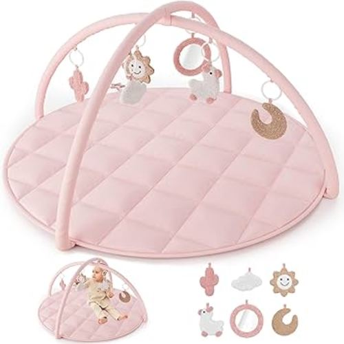 Beautiful Baby Play Gym and Tummy Time Mat - Soft Cotton Mat with 6 Cute Toys Creates The Perfect Activity Area for Your Girl/Boy - Stylish Infant Floor Playmat Fits Nicely with Any Playroom Decor