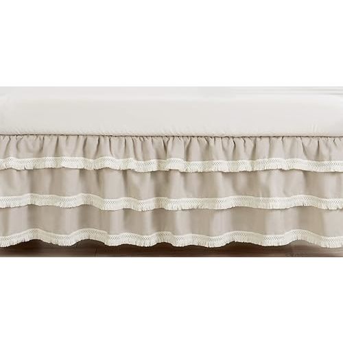 Sweet Jojo Designs Boho Bohemian Boy Girl Baby Crib Bed Skirt Nursery Dust Ruffle - Solid Taupe Beige Ivory Cream Off White Linen Farmhouse Shabby Chic Designer Modern Minimalist Ruffle Tassel Macrame