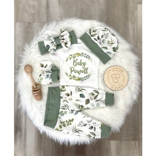Greenery Eucalyptus Boho Gender Neutral Coming Home Outfit, Personalized