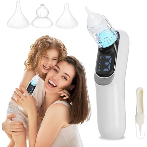Nasal Aspirator for Baby, Electric Nasal Aspirator for Toddler & Baby, Rechargeable Baby Nose Sucker, with 3 Silicone Tips Baby Nasal Aspirator, Soothing Light & Music, 3 Suction Levels, White