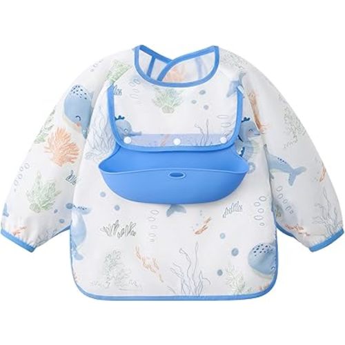 Long Sleeve Bib with Silicone Catch Pocket, Waterproof Feeding Bibs for Toddlers, Machine Washable, Baby Smock Bib for Mealtime & Playtime (6-12 Months, Ocean)