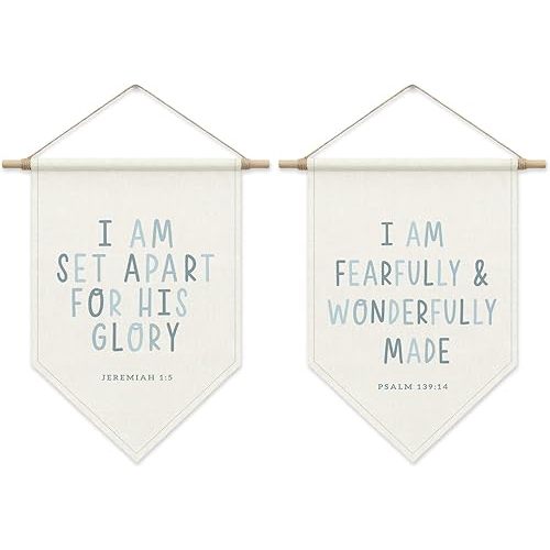Bible Verse Wall Decor, Inspirational Scripture Poster Hanger Frame, Boy Nursery Decor, Christian Pennant Flag Banner for Bedroom Playroom Set of 2, Christian Birthday Gifts for Tolddler Baby Kids