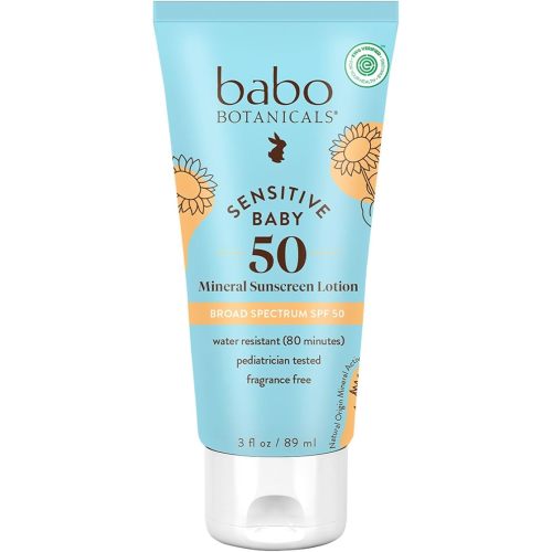 Babo Botanicals Sensitive Baby Mineral Sunscreen Lotion SPF50 - Natural Zinc Oxide - Face & Body - Fragrance-Free - Water-Resistant - EWG Verified - Vegan - Extra Sensitive Skin - For Babies & Kids